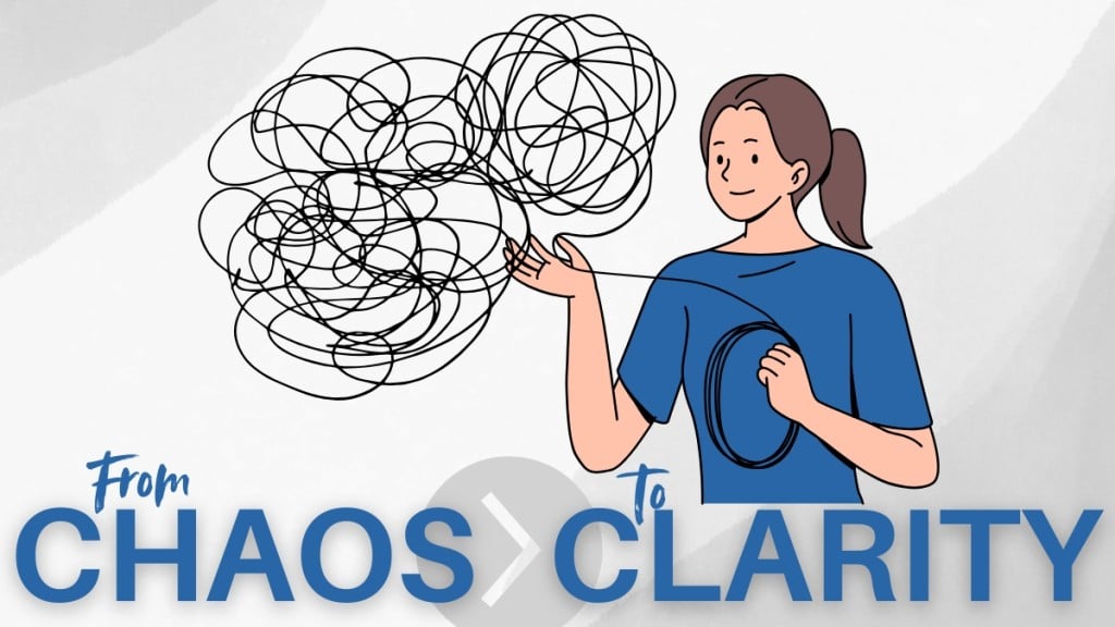 Illustration of how to go from chaos to clarity. Girl untangling a mess.